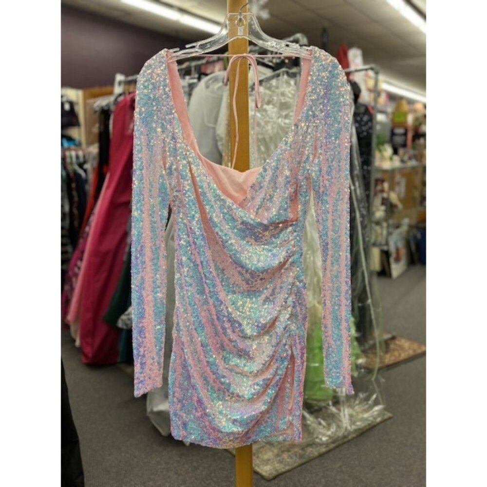 Lucy In The Sky Pink Iridescent Sequin Long Sleeve Mini Dress L
